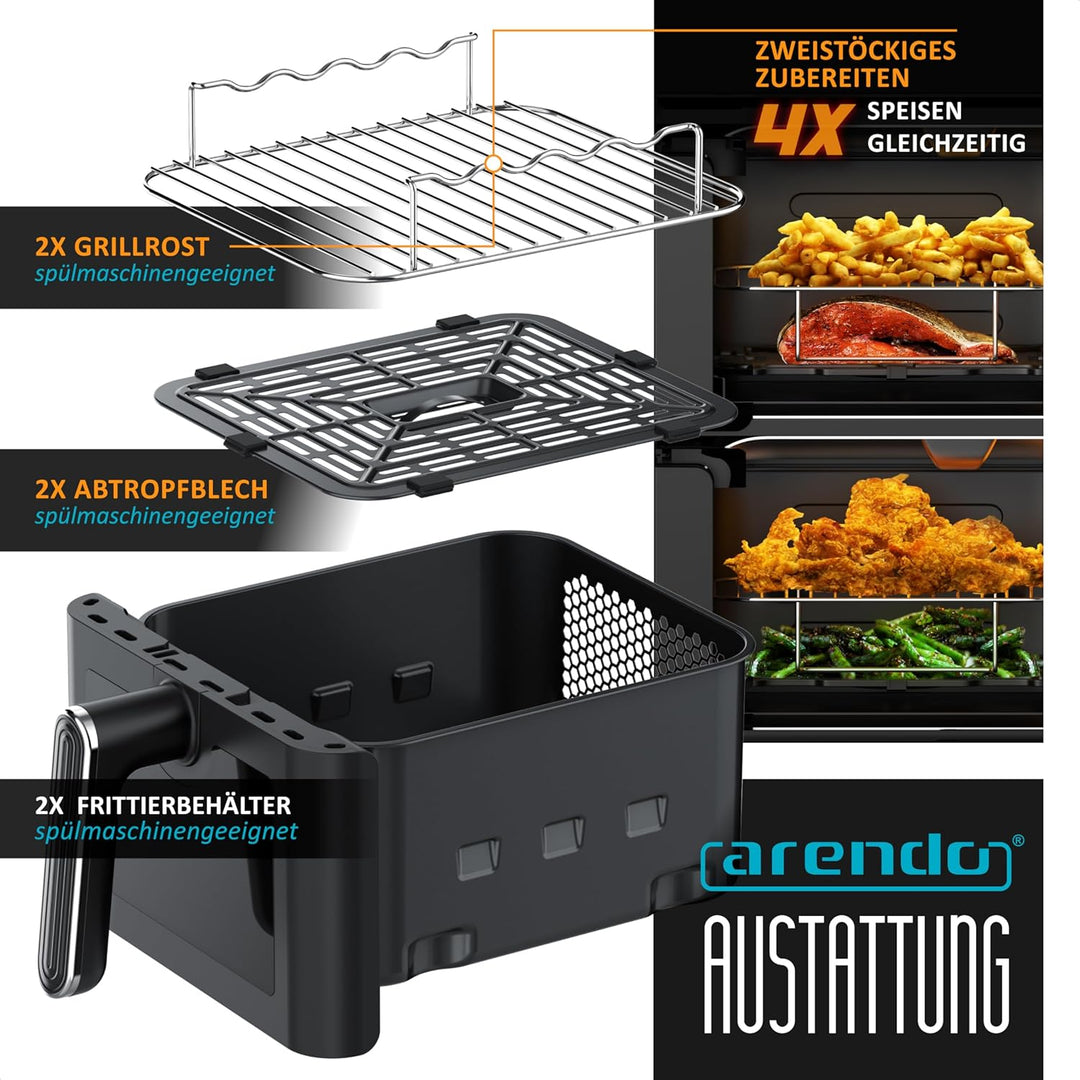 Arendo - Heissluftfritteuse XXL Dual Zone 2 Kammern – 11 L Kapazität – 2 Zonen – Airfryer Doppelkamm