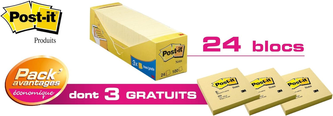 Post-it 654-Y24 Haftnotiz Notes Promotion 76 x 76 mm, gelb, 24 Blöcke a 100 Blatt