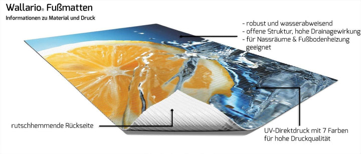 Wallario Duschmatte Antirutschmatte Badmatte Fussmatte Orange in spritzigem Wasser vor blauem Hinter