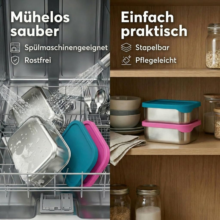 Edelstahl Brotdose, Feste Trennwand und 3 Fächer, Silikondeckel, Auslaufsicher, Spülmaschinengeeigne
