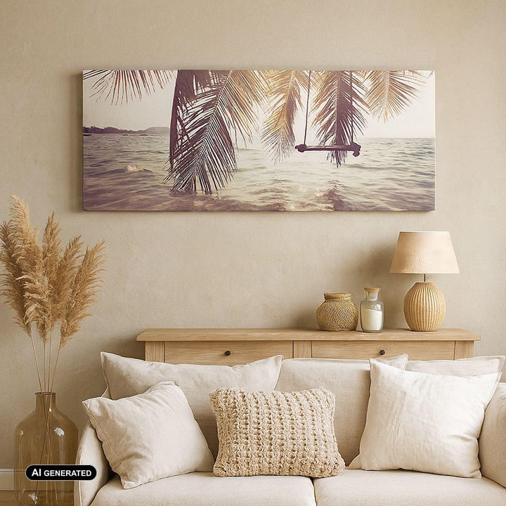 Wandbilder Dekoration Wohnzimmer Meer Palme Wasser Panorama Bilder auf Leinwand 120x50cm Leinwandbil