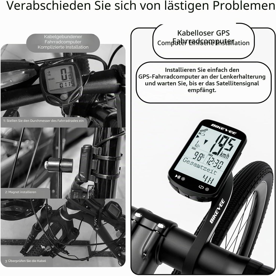 GPS Fahrradcomputer Kabellos ANT+ Bluetooth 2.6'' Glasdisplay 50H Akku Schwarz-AB【Doppelhalterung】,
