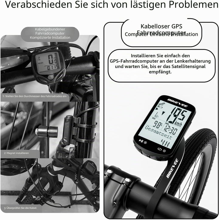 GPS Fahrradcomputer Kabellos ANT+ Bluetooth 2.6'' Glasdisplay 50H Akku Schwarz-AB【Doppelhalterung】,