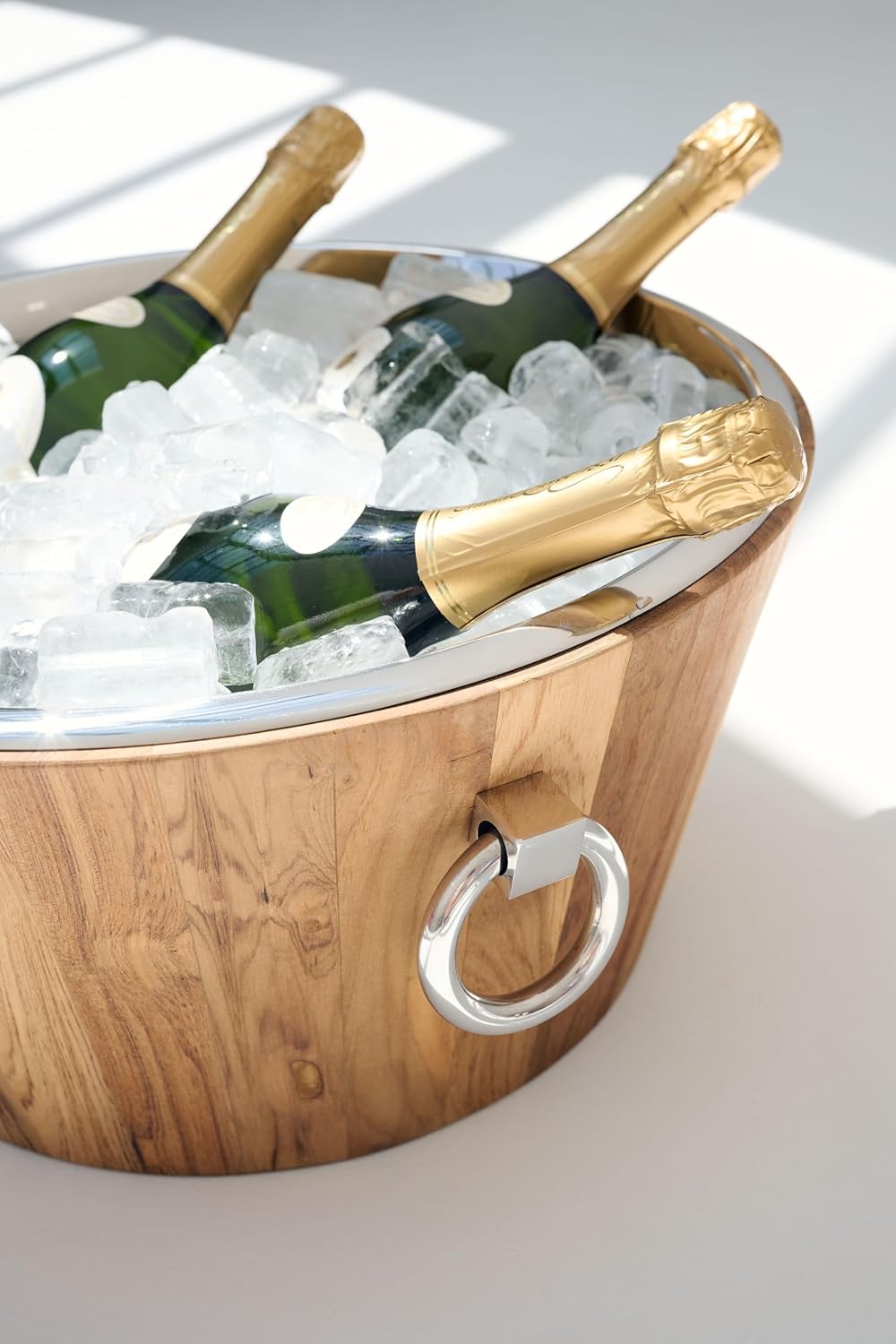 EDZARD Champagnerkühler Santiago (Ø 46 cm, Höhe 23 cm) Teakholz, Edelstahl hochglanzpoliert, mit Gri