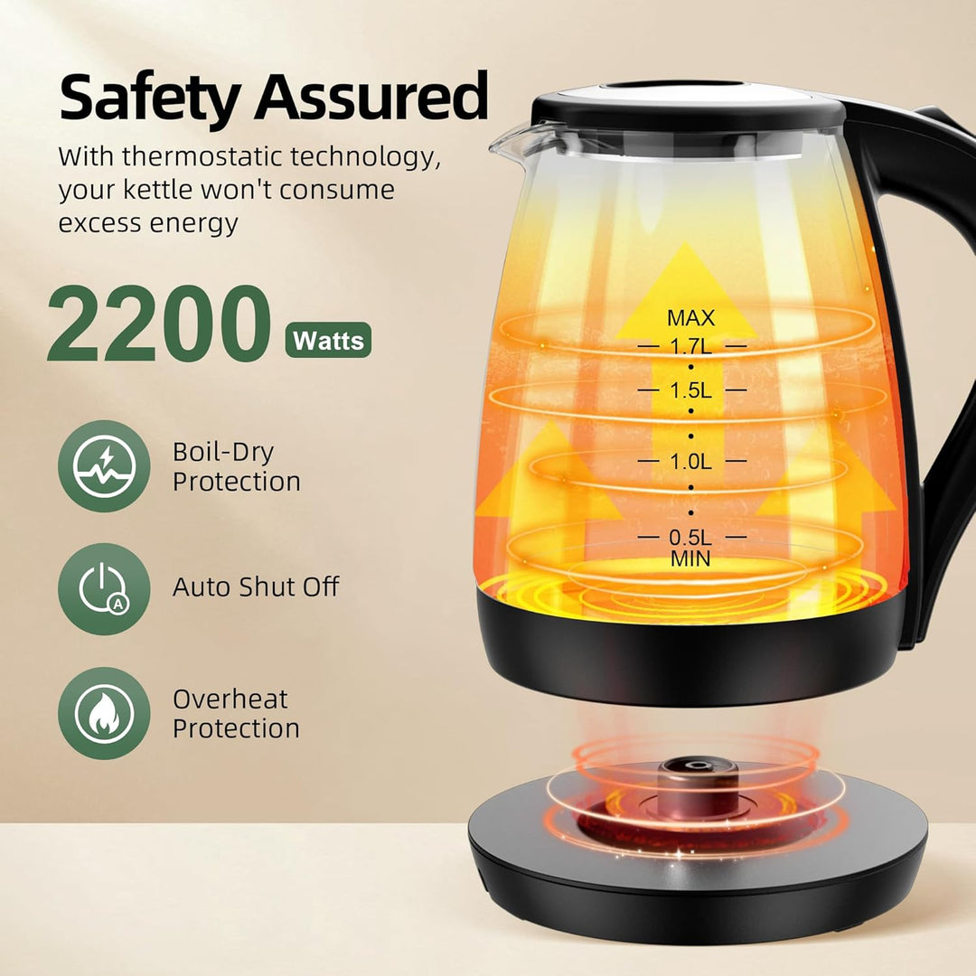 KEINVE Wasserkocher Glas 1,7 Liter, 2200 Watt, LED-Beleuchtung, Verdicktes Borosilikatglas Wasserkoc