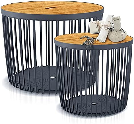 Beistelltisch Couchtisch Korbtisch Kaffeetisch ⌀ 33,5cm mit Holzplatte aus Bambus Tisch Aufbewarungs