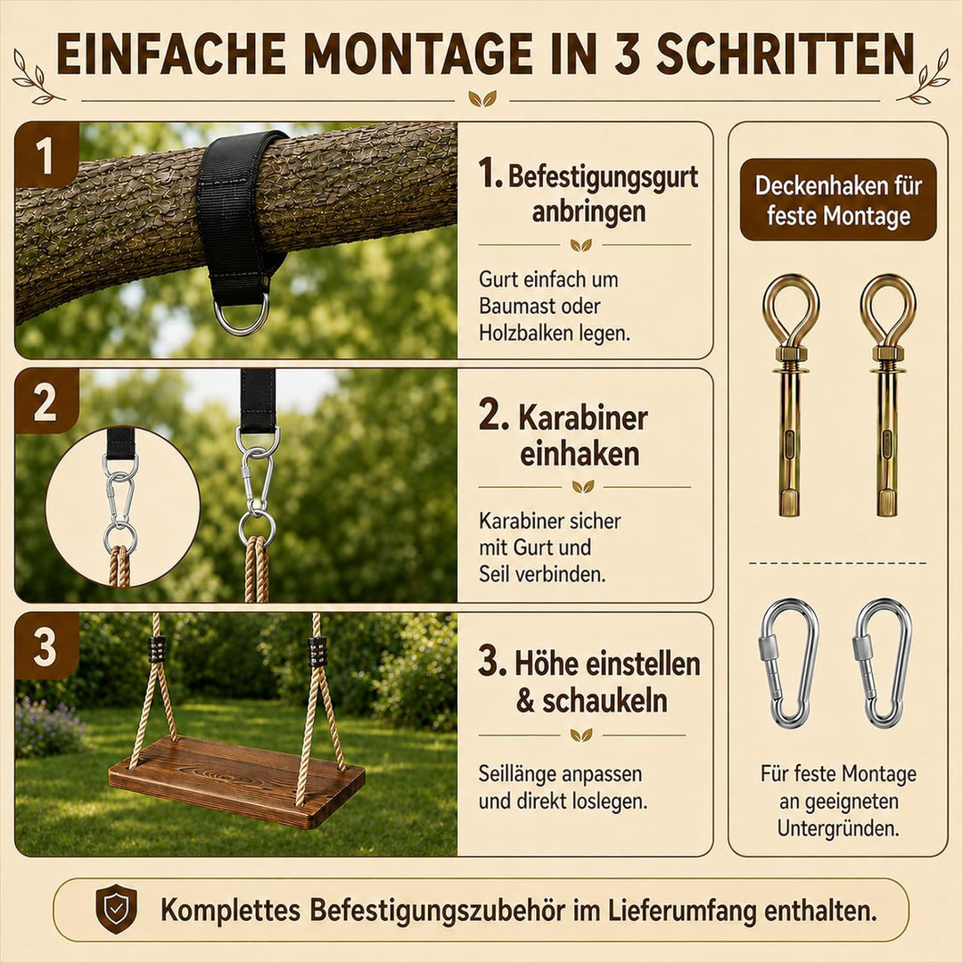 Holzschaukel für Garten & Innenbereich – Schaukelsitz aus Massivholz (43x20x2,5cm) bis 200kg, Kinder