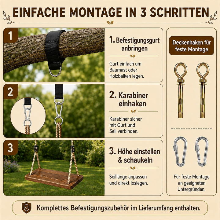 Holzschaukel für Garten & Innenbereich – Schaukelsitz aus Massivholz (43x20x2,5cm) bis 200kg, Kinder