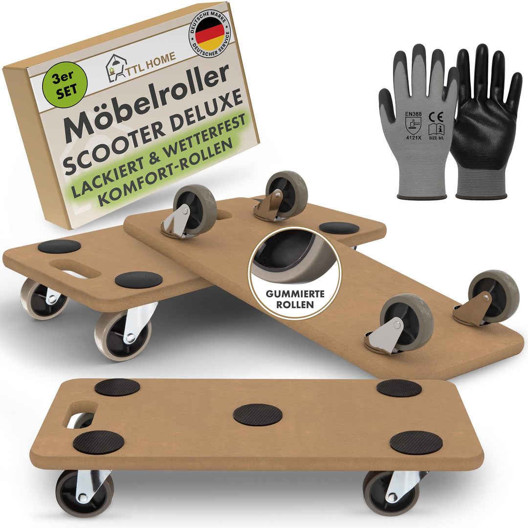 TTL HOME 3er Set Möbelroller SCOOTER DELUXE 58x30x11cm - 250kg Traglast lackiertes Rollbrett Transpo