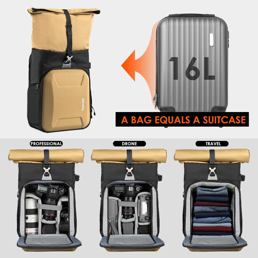 TARION Kamerarucksack Rolltop Fotorucksack mit Hartschale: Professionelle Kameratasche Spiegelreflex