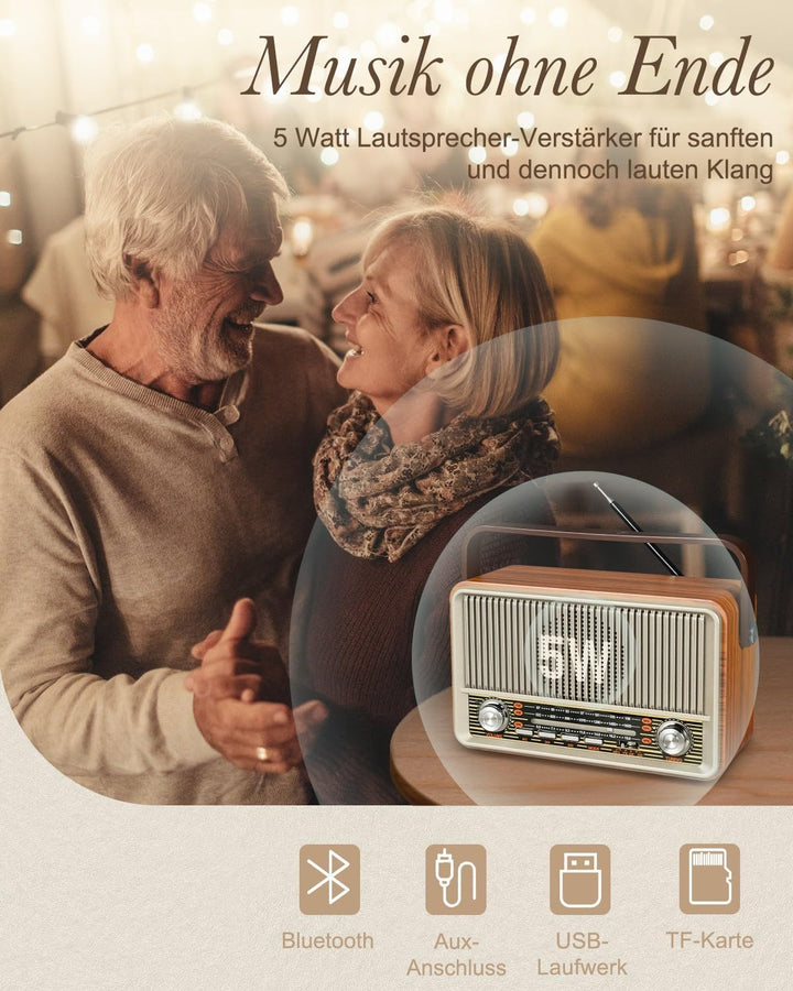 PRUNUS J-120 AM/FM/SW Retro Radio Klein, Kofferradio mit 1800mAh Akku, oder AC-Strom, Küchenradio No