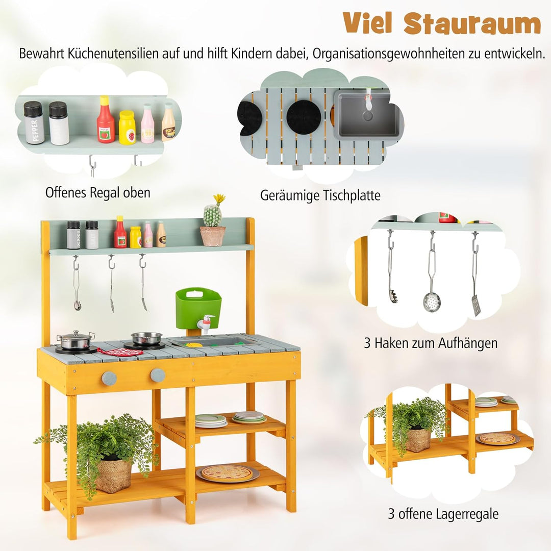 COSTWAY Matschküche Kinder Outdoor, Kinderküche Holz mit Wasserfunktion, Spielküche mit Haken & abne