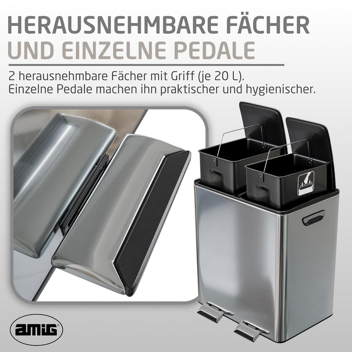 Amig - Doppelte Recycling-Mülleimer mit Pedalen Mod. RECIK EVO 40 L - 2 separate Behälter mit je 20