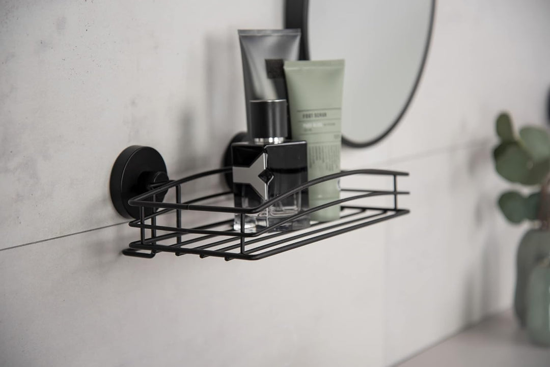 WENKO Wandablage Mod. Vacuum-Loc Schwarz offene Drahtkorb-Design lackierter Stahl Loft-Stil Befestig