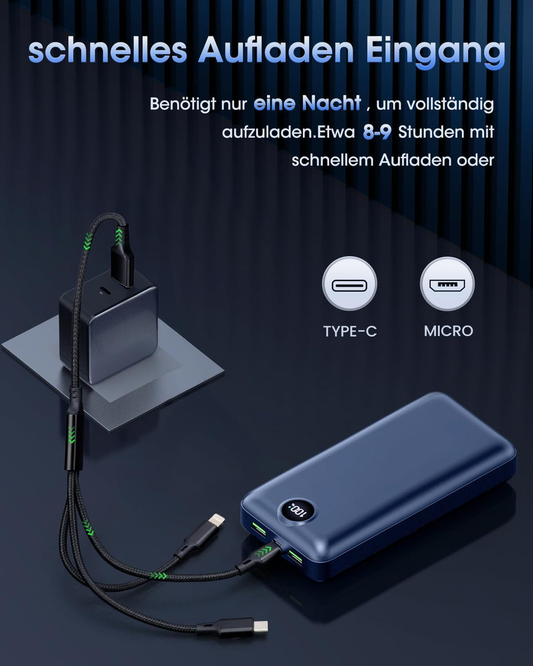PowerBank 50000mAh grosse kapazität, Externer Akku 22,5W schnelles Aufladen LED Display USB-C 3 Ausg