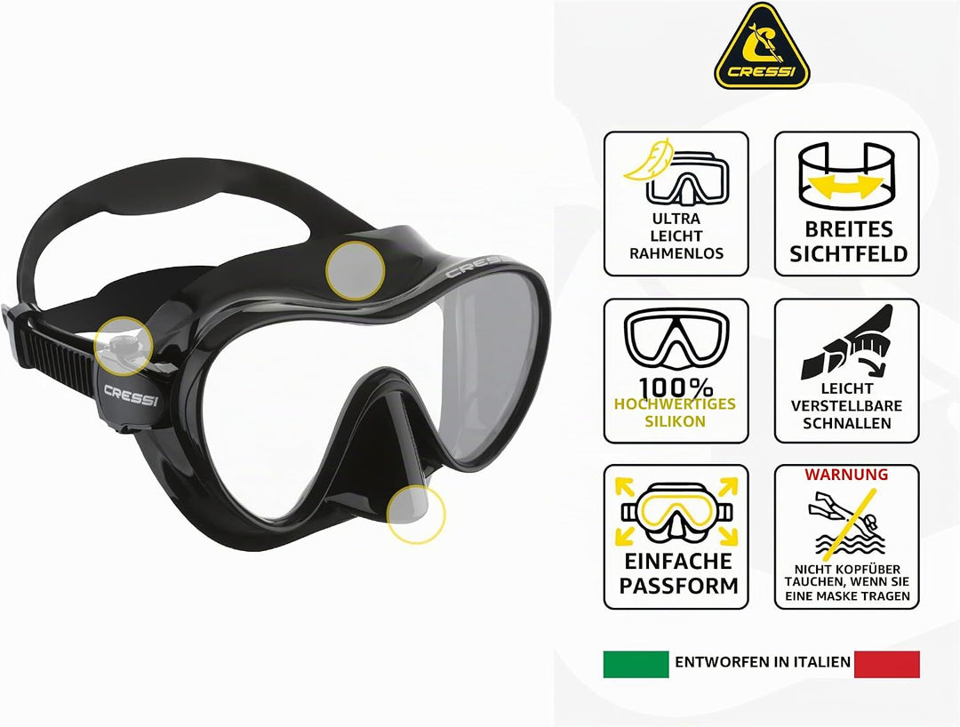 CRESSI F1 - Rahmenlose Maske F1 oder Combo Set Rahmenlose Maske + Schnorchel Dry zum Tauchen und Sch