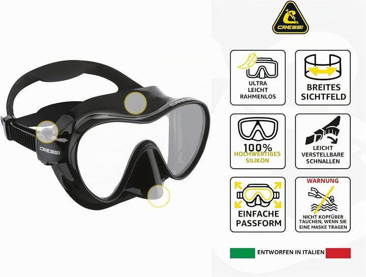 CRESSI F1 - Rahmenlose Maske F1 oder Combo Set Rahmenlose Maske + Schnorchel Dry zum Tauchen und Sch