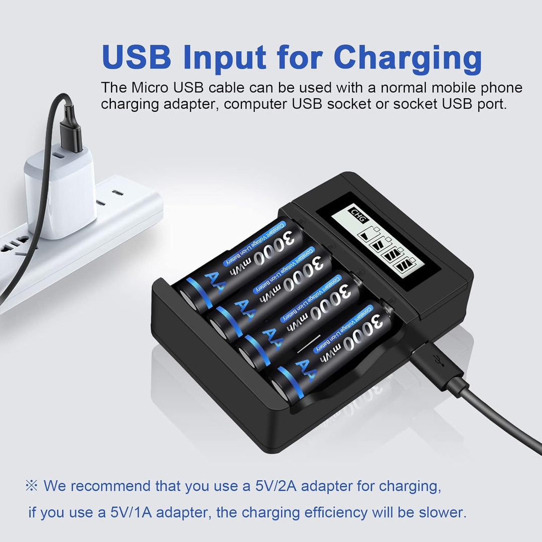 CITYORK Akku AA AAA Wiederaufladbare Li-ion Batterien mit 4 Stücke 1.5V 3000mWh AA Lithium Akku und