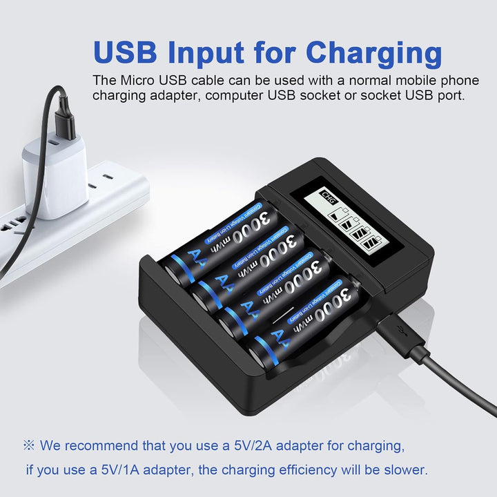 CITYORK Akku AA AAA Wiederaufladbare Li-ion Batterien mit 4 Stücke 1.5V 3000mWh AA Lithium Akku und
