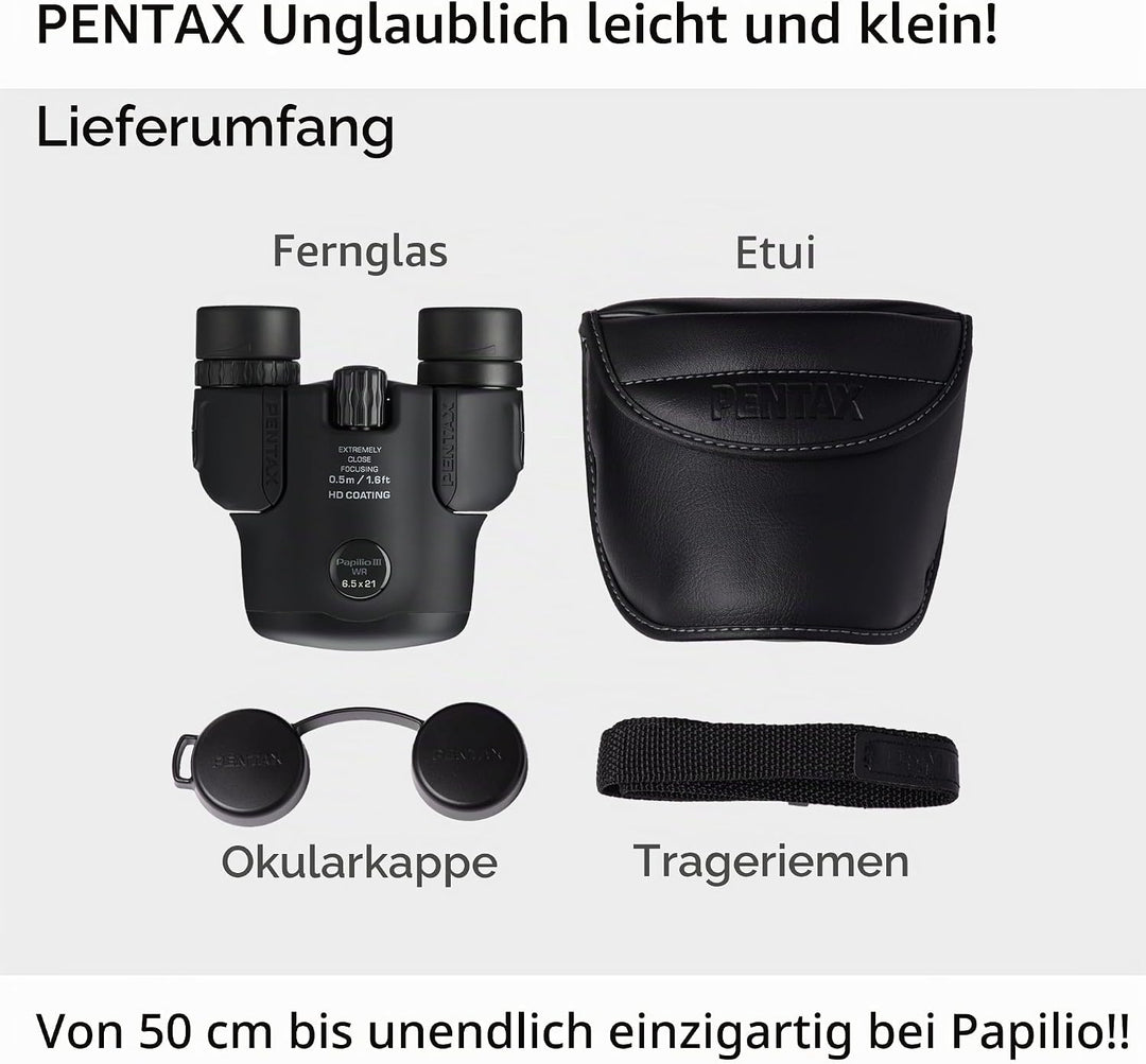 Pentax Papilio III Fernglas, 6,5 x 21, wetterfest, Schwarz, Fokus 50 cm, spritzwassergeschützt, Muse