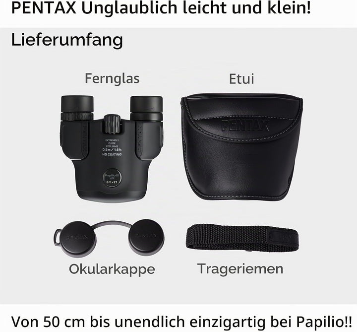 Pentax Papilio III Fernglas, 6,5 x 21, wetterfest, Schwarz, Fokus 50 cm, spritzwassergeschützt, Muse