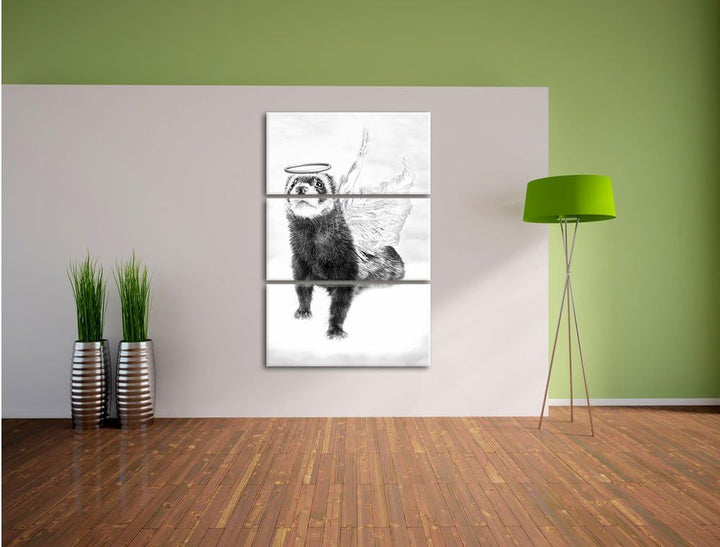 Pixxprint Süsses Frettchen im Engelsköstum Kunst B&W 3-Teiler Leinwandbild 120x80 Bild auf Leinwand