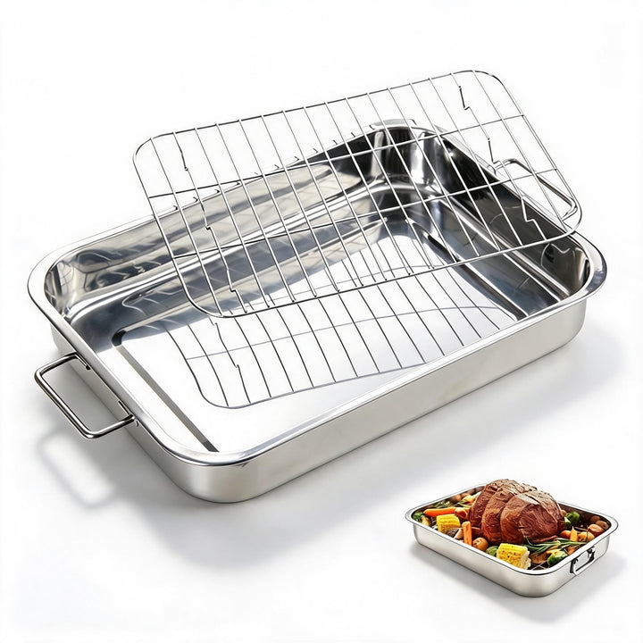 Bräter-Set, Edelstahl-Ofenpfanne mit Stahldraht, Backblech, Bräter, Grillrost mit Rost für Komfort (
