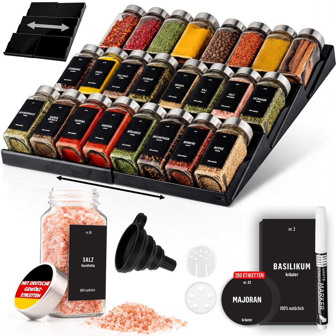 Deco haus® Gewürzregal mit Gläsern [MIT 24 GEWÜRZGLÄSER &amp; ETIKETTEN] - Gewürzregal Schublade auszieh