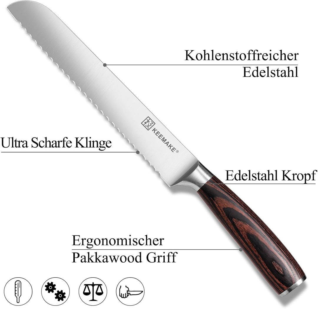 KEEMAKE Brotmesser mit Wellenschliff, Extra scharfes Brotschneidemesser 20 cm aus hochwertigem rostf