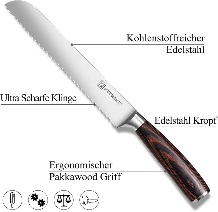 KEEMAKE Brotmesser mit Wellenschliff, Extra scharfes Brotschneidemesser 20 cm aus hochwertigem rostf
