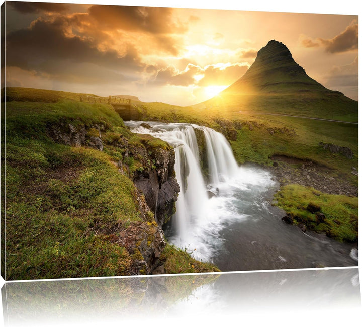Pixxprint Wasserfall bei Sonnenuntergang als Leinwandbild/Grösse: 100x70 cm/Wandbild/Kunstdruck/fert