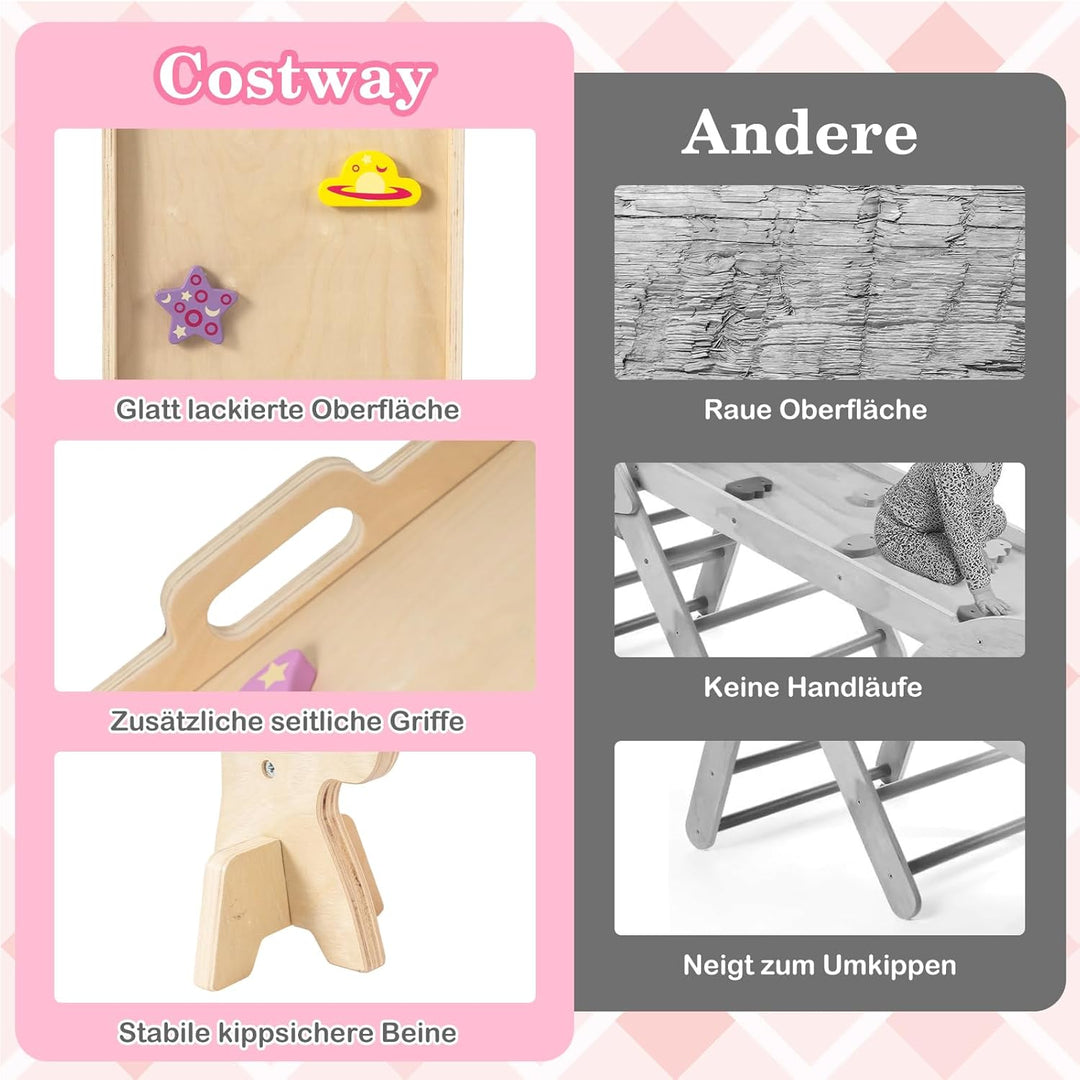 COSTWAY Klettergerüst Indoor 4er Set, klappabres Kletterdreieck mit Rutsche, Kletterbogen, Netz, ink