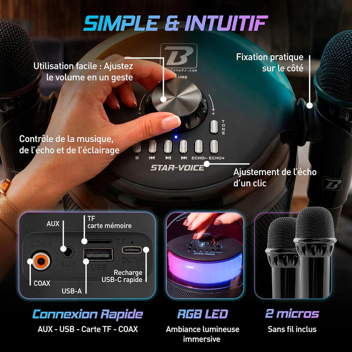 BoomTone DJ Star Voice Tragbarer Karaoke-Lautsprecher mit LED, Bluetooth, Stimmwechsler, Lieferung m