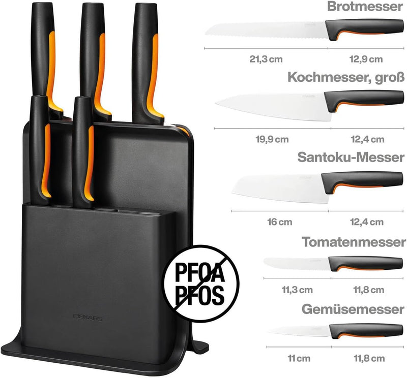 Fiskars Design-Messerblock mit 5 Messern, Functional Form, Inklusive Gemüsemesser, Tomatenmesser, Sa