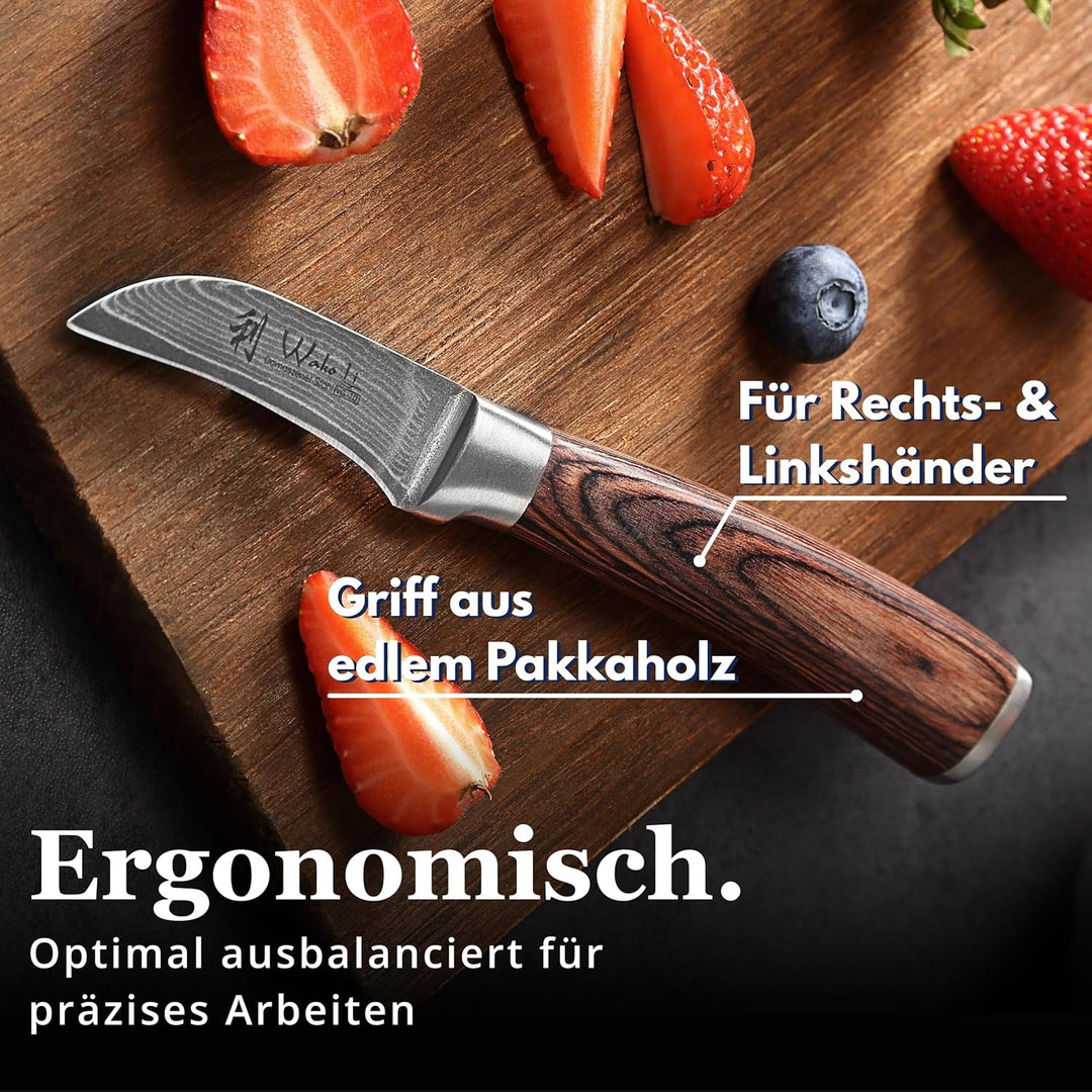 Wakoli Edib Damast Schälmesser I Scharfe 6 cm Klinge aus 67 Lagen Damaststahl mit VG10 Kern und Grif