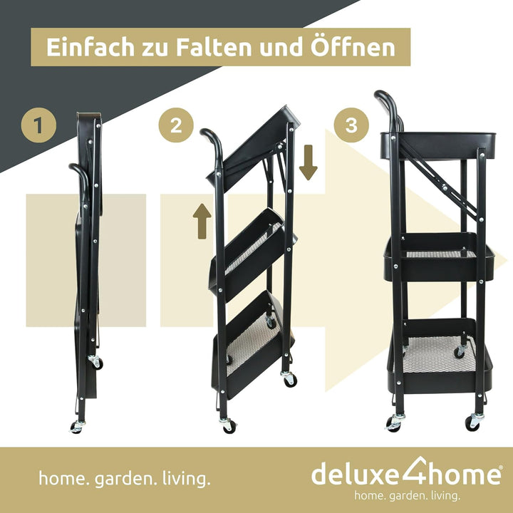 deluxe4home® Servierwagen mit 3 Ebenen Klappbar I Servierwagen Küchenwagen mit Griff I Rollen mit Br