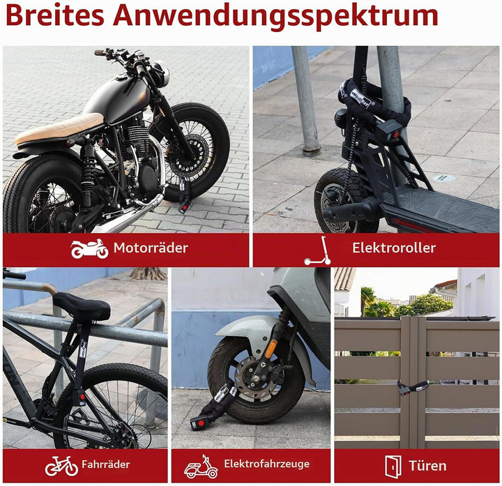 BANGTING 120CM Fahrradschloss Hohe Sicherheit mit 110dB Alarm, Kettenschloss mit 3 Schlüsseln, Anti-