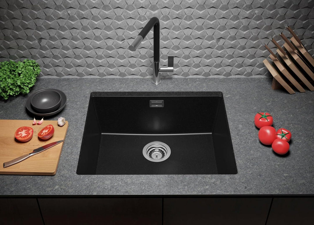 Unterbauspüle Schwarz 56 x 47 cm, Granitspüle + Siphon Klassisch + Küchenarmatur, Spülbecken ab 60er