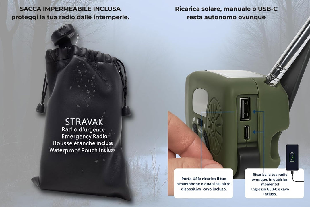 Solarbetriebenes Survival-Radio mit Handkurbel und leistungsstarker LED-Taschenlampe, 2000 mAh USB-C