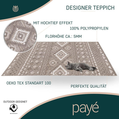 payé Teppich Wohnzimmer - Boho Braun - 240x340cm - Raute Ornamente - Teppiche für Balkon Terrasse Ga