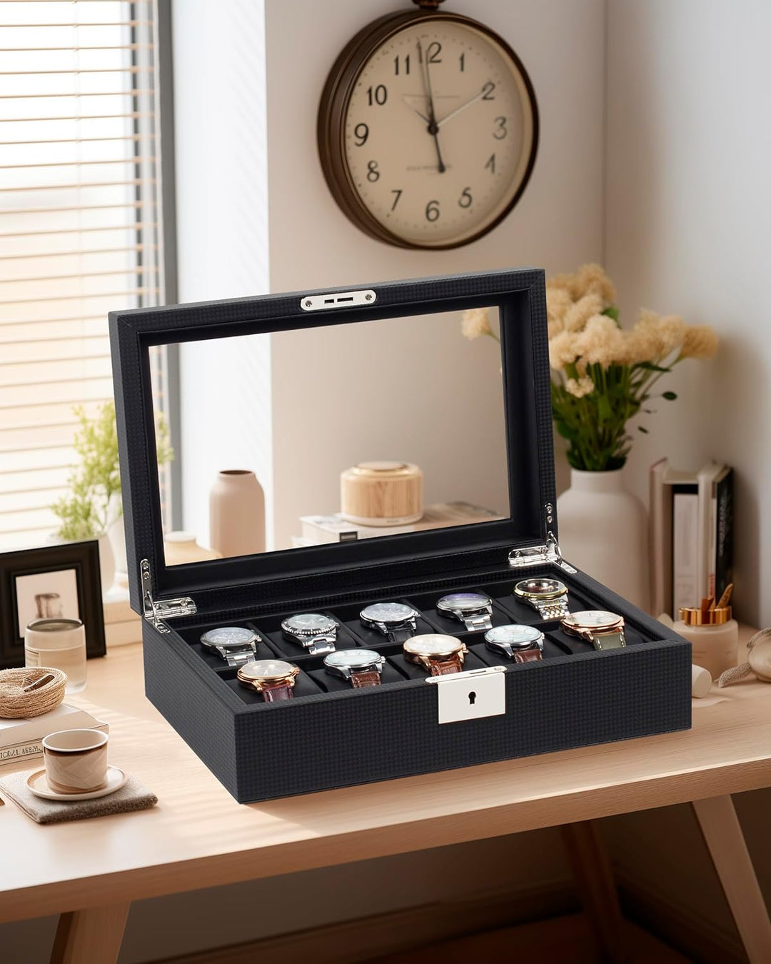 KILHS Uhrenbox mit 10 Fächern, Uhrenkasten mit grossem Glasdeckel, herausnehmbares Uhrenkissen, absc