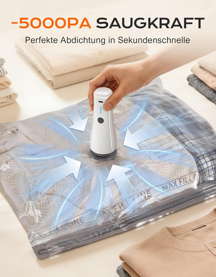 Vakuumbeutel für Kleidung mit Kabellose Elektrischer Pumpe [-5000PA Saugkraft], 15er Pack Wiederverw
