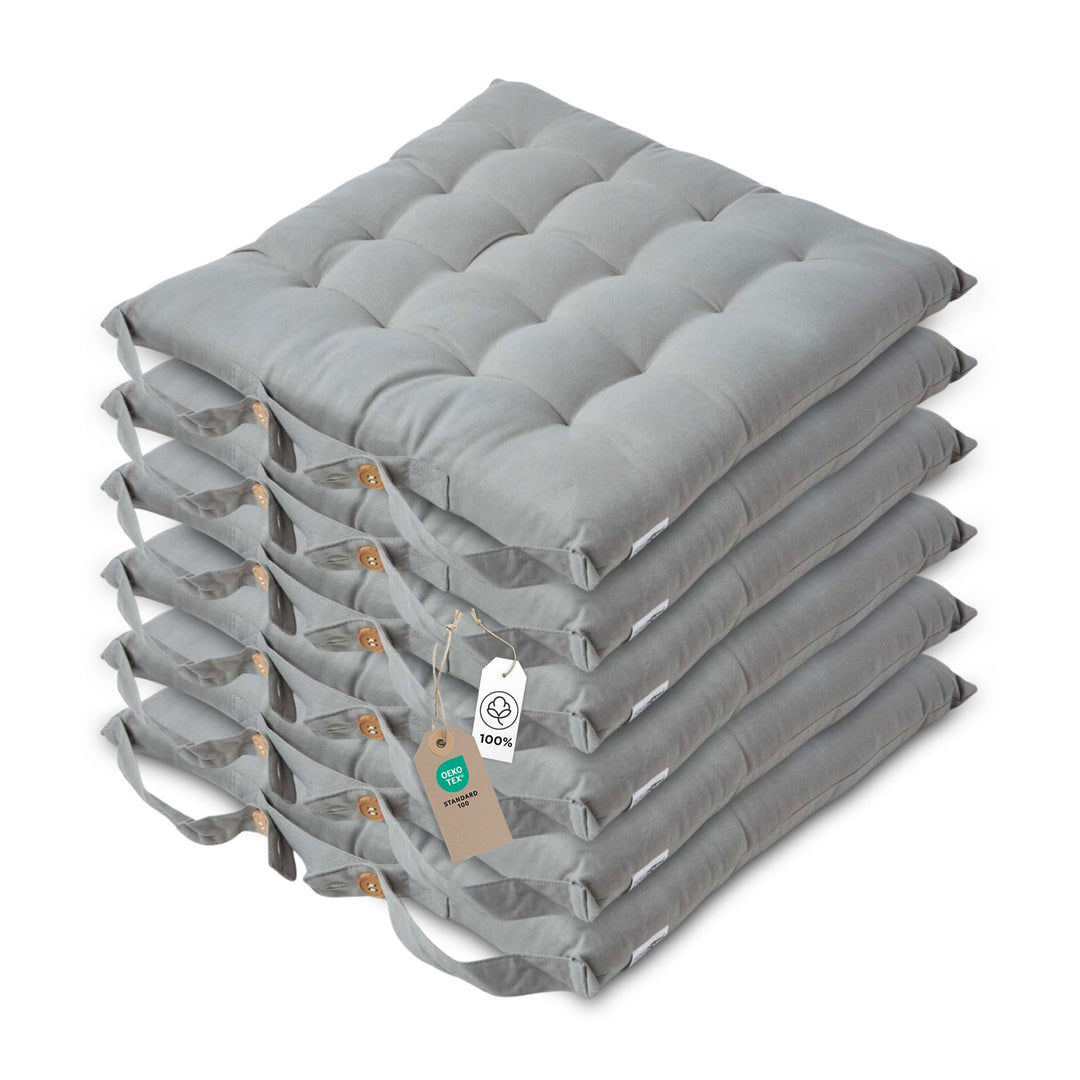 Homescapes 6er Set Stuhlkissen 40 x 40 cm, grau, Sitzkissen mit Bändern und Knopfverschluss, einfarb