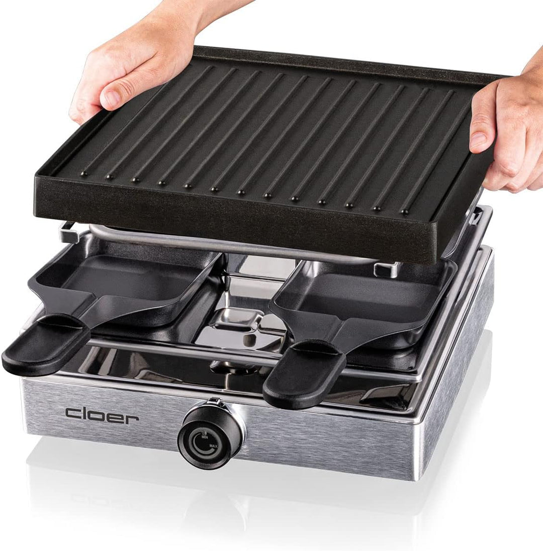 Cloer 6454 Raclettegrill mit Aluminium-Druckguss Platte, 750 W, 4 antihaftbeschichtete Raclettepfänn