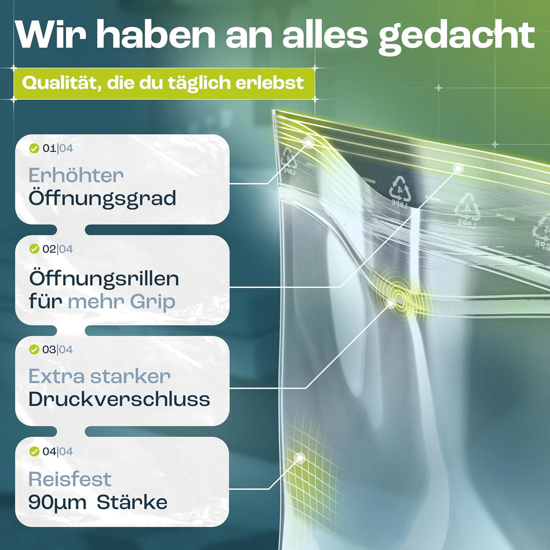 HeiGroup - HeiZip 1000 x Druckverschlussbeutel 110 x 220 mm - ca. 0,6l, 90 my (extra stark), lebensm
