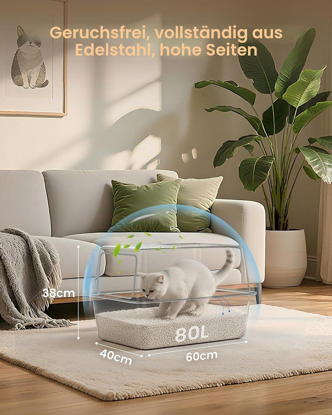 Katzenklo Edelstahl mit Deckel, Geschlossenes Katzentoilette Vollmetall Gross XXL, Katzenklo mit Hoh