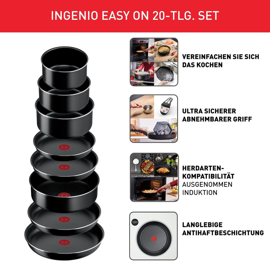Tefal Ingenio Easy ON Töpfe & Pfannen Set, 20-teilig, stapelbar, abnehmbarer Griff, platzsparend, an