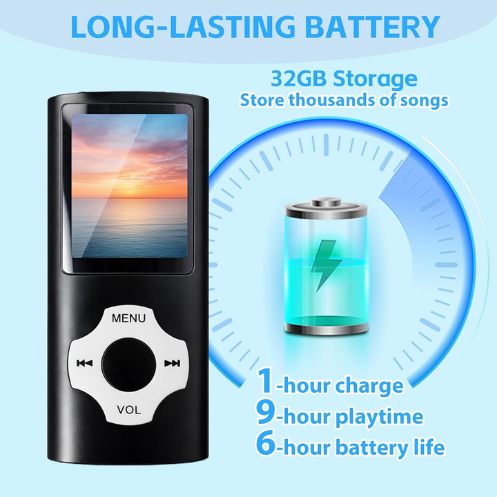 32GB MP3-Player/MP4-Player, Speicher, Verlustfreier Klang, HD Lautsprecher, Sprachrekorder, 1,8 Zoll