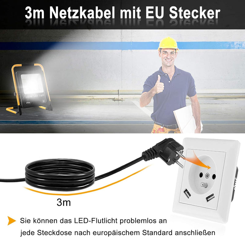 YRHome 200W LED Fluter Flutlicht Warmweiss mit Stecker Baustrahler Scheinwerfer + Gelb Stativ Baulam