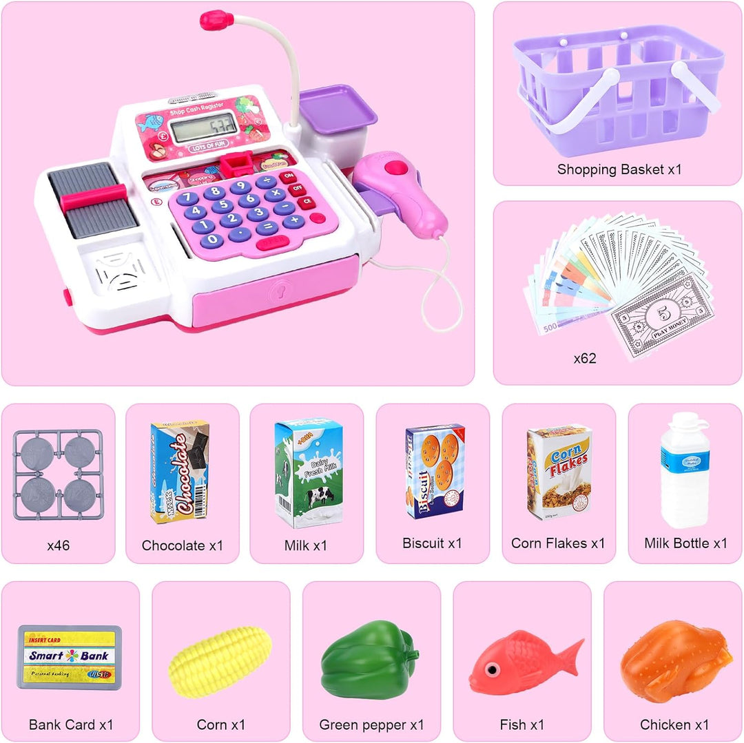 deAO Spielkasse Kinderkasse mit Licht und Sound, Spielzeug Kasse mit Scanner, Spielgeld, Spielzeugle